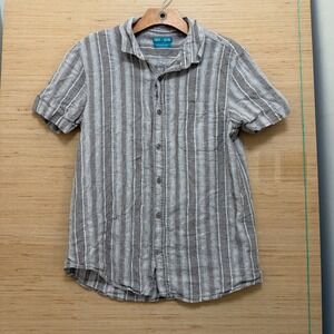 Tenth + Ocean Mens Medium Washable Linen Striped Short Sleeve Button Down Shirt